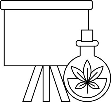 Yanında cam vazo olan bir bitkinin siyah beyaz çizimi. Çizim, projektörü olan bir sunum tahtası.
