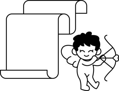 Genç bir çocuk ok ve yay tutuyor ve boş bir kağıt parçasının önünde duruyor.