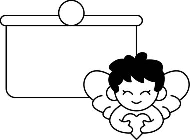 Elinde kalp tutan gülümseyen bir meleğin siyah beyaz çizimi. Görüntüye boş bir işaret eşlik ediyor. Bu da meleğin izleyiciye sevgi ve neşe getirmek için orada olduğunu gösteriyor.