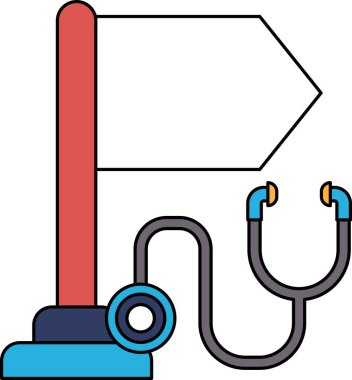 Tıbbi bir cihazı işaret eden kırmızı oklu beyaz bir işaret. Tıbbi cihaz bir steteskop. Doktorların hastaların kalp atışlarını ve nefes alışlarını dinlemek için kullandığı bir alet.