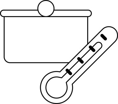 Bir tencere ve termometrenin siyah beyaz çizimi. Tencere termometrenin sol tarafında ve termometre de sağ tarafta.