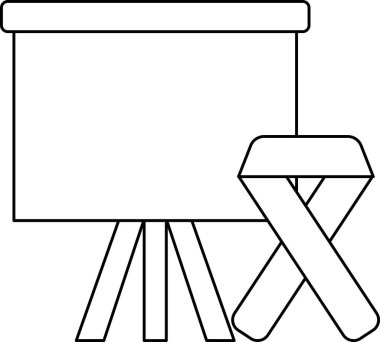 Bir projektör ekranının siyah beyaz çizimi, bir tabure ve bir kurdele. Kurdele düğümlenmiş.