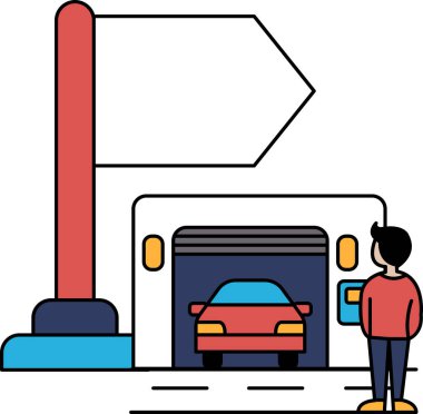 Garajın önünde elinde sağ tarafı gösteren bir tabela olan bir adam duruyor. Adam tabelaya bakıyor, muhtemelen nereye gideceğini bulmaya çalışıyordur. Yön ve amaç kavramı