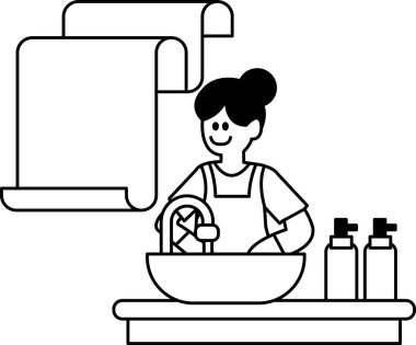 Bir kadın lavaboda bulaşıkları yıkıyor. Lavabo kirli bulaşıklarla dolu ve yakınlarda bir şişe sabun var. Kadın bulaşıkları yıkarken gülümsüyor.