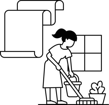 Bir kadın süpürge ve kovayla odayı temizliyor. Odada duvarda büyük bir parça kağıt var.