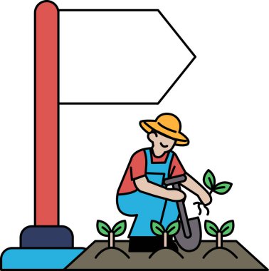 Şapka takan bir adam küçük bir bitkiyle ilgileniyor, muhtemelen bir tohumla. Bitkiyi dikkatlice toprağa yerleştiriyor, uygun bir şekilde yerleştirildiğinden ve büyümesi için yeterli alanı olduğundan emin oluyor.