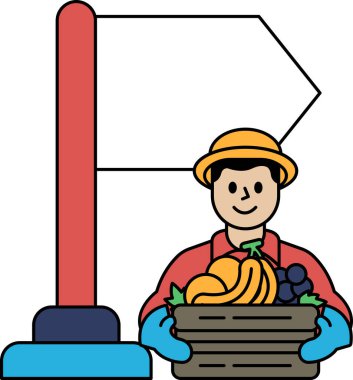 Bir adam bir sepet meyve ve sebze tutuyor. Gülümsüyor ve mutlu. Meyve ve sebze sepeti tutan bir adamın resmi.