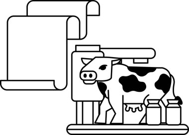 Bir inek süt makinesinin önünde duruyor. İnek siyah ve beyazdır. Makine de siyah beyaz.