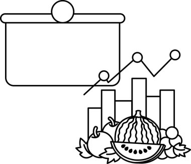 Beyaz bir arka plan, siyah beyaz bir meyve salatası ve beyaz bir pano.