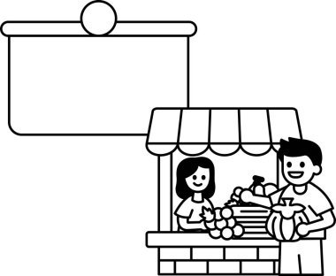 Bir adam ve bir kadın bir mağazanın önünde sebze satıyorlar. Adam gülümsüyor ve kadın da gülümsüyor. Mağaza ışıl ışıl.