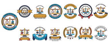 Çeşitli organizasyonlar için sembol ve logo koleksiyonu. Semboller arasında adalet ve adaleti temsil eden teraziler, saatler ve diğer eşyalar yer alıyor.