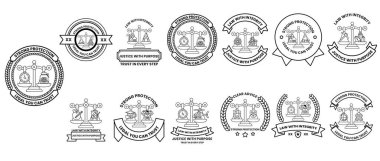 Çeşitli meslekler için siyah beyaz logo koleksiyonu. Logoların tasarımı birbirine benziyor, bir kurdele ve bir sembol var.