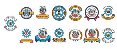 Ortasında mavi ve kırmızı daire olan bir rozet koleksiyonu. Çember mavi ve kırmızı bir kurdele ile çevrilidir.