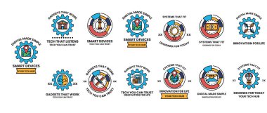 Akıllı cihazlar için bir dizi logo. Logoların hepsi farklı ama aynı temaya sahipler. Hepsinin merkezinde renkli bir vites var.