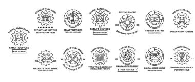 Akıllı cihazlar için bir dizi logo. Logoların hepsi farklı ama aynı temaya sahipler. Hepsinin vitesi var ve hepsi siyah-beyaz.