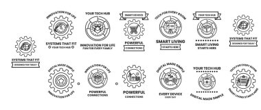 Bir teknoloji merkezi için bir dizi logo. Logoların hepsi farklı ama aynı temaya sahip.