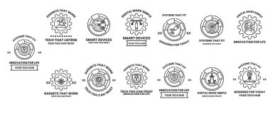 Farklı şirketler için bir dizi logo. Logoların hepsi farklı ve farklı tasarımları var. Bazı logoların dişlileri var, bazılarının şekilleri farklı.