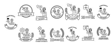 Güvenlik temalı siyah beyaz simgelerden oluşan bir derleme. Simgeler arasında pano tutan bir adam, pano tutan bir adam ve pano tutan bir adam var.