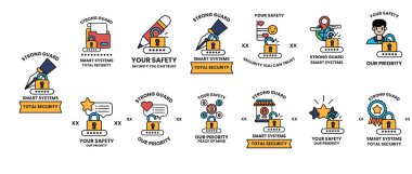 Güvenlik için bir dizi simge, bir anahtar, bir kilit ve bir yıldız dahil. Simgeler birbiri ile örtüşen ve yalnız duran bir ızgarada dizilmiş. Olay yeri dikkatli ve ihtiyatlı bir yerdir.