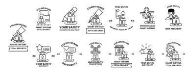 Görüntü, bir anahtar, kilit ve güvenlik görevlisi de dahil olmak üzere bir dizi güvenlik simgesi. Simgeler, her biri farklı güvenlik özellikleriyle etiketlenmiş bir ızgarada sıralanır.