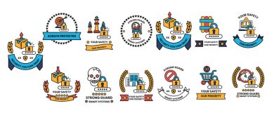 Çeşitli tasarım ve renklere sahip bir güvenlik rozeti koleksiyonu. Rozetler farklı güvenlik ve güvenlik seviyelerini temsil ediyor.