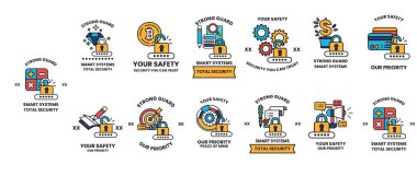 Güvenlik ve güvenlik için bir dizi simge. İkonlar arasında bir anahtar, bir kilit, bir elmas, bir cüzdan, bir cep telefonu, bir bilgisayar, bir araba, bir kamyon, bir bisiklet, bir kitap, bir saat, bir bilgisayar ve bir saat yer alıyor.