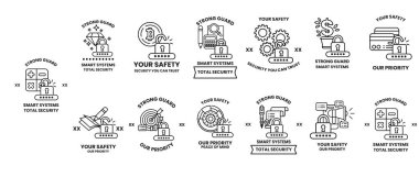 Görüntü, farklı güvenlik önlemlerini temsil eden bir dizi simgedir. Simgeler, her birinin farklı renk ve tasarıma sahip olduğu bir ızgarada sıralanmıştır. Sahne ciddi ve bilgilendiricidir.