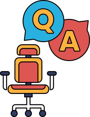 Üzerinde soru-cevap yazılı bir sandalye. Sandalye tekerleklerin üzerinde oturuyor. Sandalye bir konuşmanın ya da tartışmanın sembolüdür.