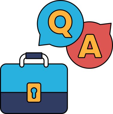 Üzerinde kilit ve soru-cevap işareti olan bir evrak çantası. Çanta bir bilgi sembolü ve soru-cevap işareti soru sorma ve cevap arama sürecini temsil ediyor.