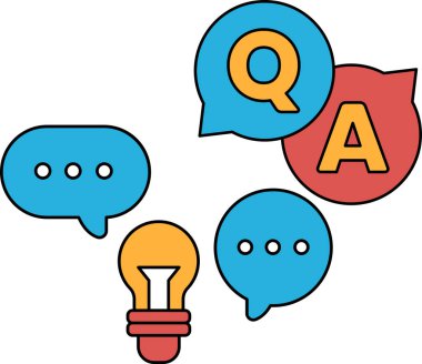 Bir grup sembol, bir ampul, bir soru işareti ve bir A da dahil. Soru sorma ve cevap arama kavramı