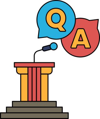 Üzerinde soru-cevap işareti olan bir mikrofon podyumda. Halka açık bir konuşma ya da tartışma kavramı