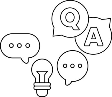 Bir grup sembol, bir ampul, bir soru işareti ve bir A da dahil. Soru sorma ve cevap arama kavramı