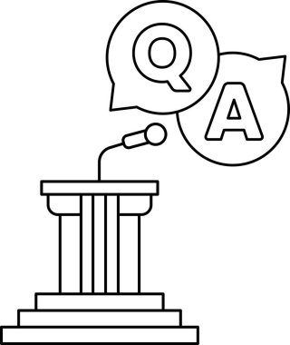 Üzerinde soru-cevap işareti olan bir mikrofon podyumda. Halka açık bir konuşma ya da tartışma kavramı