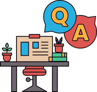 Bilgisayarı ve bitkisi olan bir masa. Bitki bir saksının içinde ve masada soru-cevap tabelası var.