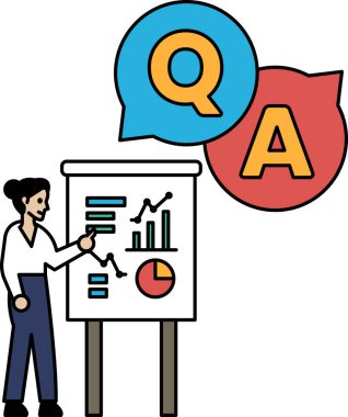 Bir kadın üzerinde grafik olan tahtayı işaret ediyor. Kurulun üzerinde bir soru işareti ve 