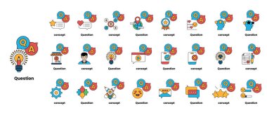 Çizgi sanatı tarzında soru işaretleri ve çeşitli nesneleri tasvir eden bir çizim seti