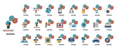 Çizgi sanatı tarzında soru işaretleri ve çeşitli nesneleri tasvir eden bir çizim seti