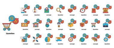 Çizgi sanatı tarzında soru işaretleri ve çeşitli nesneleri tasvir eden bir çizim seti