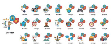 Çizgi sanatı tarzında soru işaretleri ve çeşitli nesneleri tasvir eden bir çizim seti