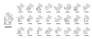 Çizgi sanatı tarzında soru işaretleri ve çeşitli nesneleri tasvir eden bir çizim seti