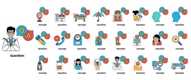 Çizgi sanatı tarzında soru işaretleri ve çeşitli nesneleri tasvir eden bir çizim seti