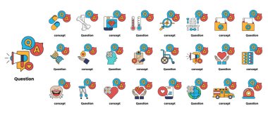 Çizgi sanatı tarzında soru işaretleri ve çeşitli nesneleri tasvir eden bir çizim seti