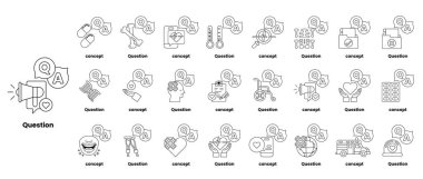 Çizgi sanatı tarzında soru işaretleri ve çeşitli nesneleri tasvir eden bir çizim seti