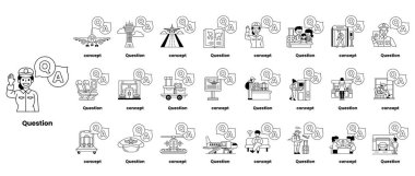 Çizgi sanatı tarzında soru işaretleri ve çeşitli nesneleri tasvir eden bir çizim seti