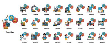 Çizgi sanatı tarzında soru işaretleri ve çeşitli nesneleri tasvir eden bir çizim seti