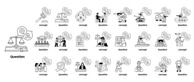 Çizgi sanatı tarzında soru işaretleri ve çeşitli nesneleri tasvir eden bir çizim seti