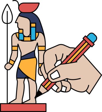 Bir adam bir Mısır savaşçısının heykelini çiziyor. Çizim siyah ve kırmızı kalemle çizilmiş.