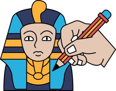 Bir adam kalemle bir yüz çiziyor. Bu çizim Mısırlı bir firavunun.