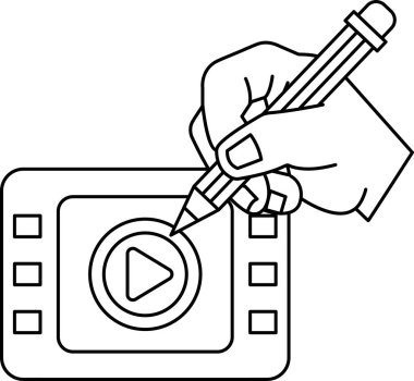 Bir el, elinde kalem olan bir video oynatıcının resmini çiziyor. Çizim siyah beyaz.