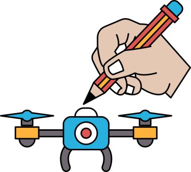 Bir el, kurşun kalemle dron çiziyor. Drone mavi ve sarı renkli ve üzerinde kamera var. Çizim, teknoloji alanında yaratıcılık ve yenilik fikrini aktarıyor.